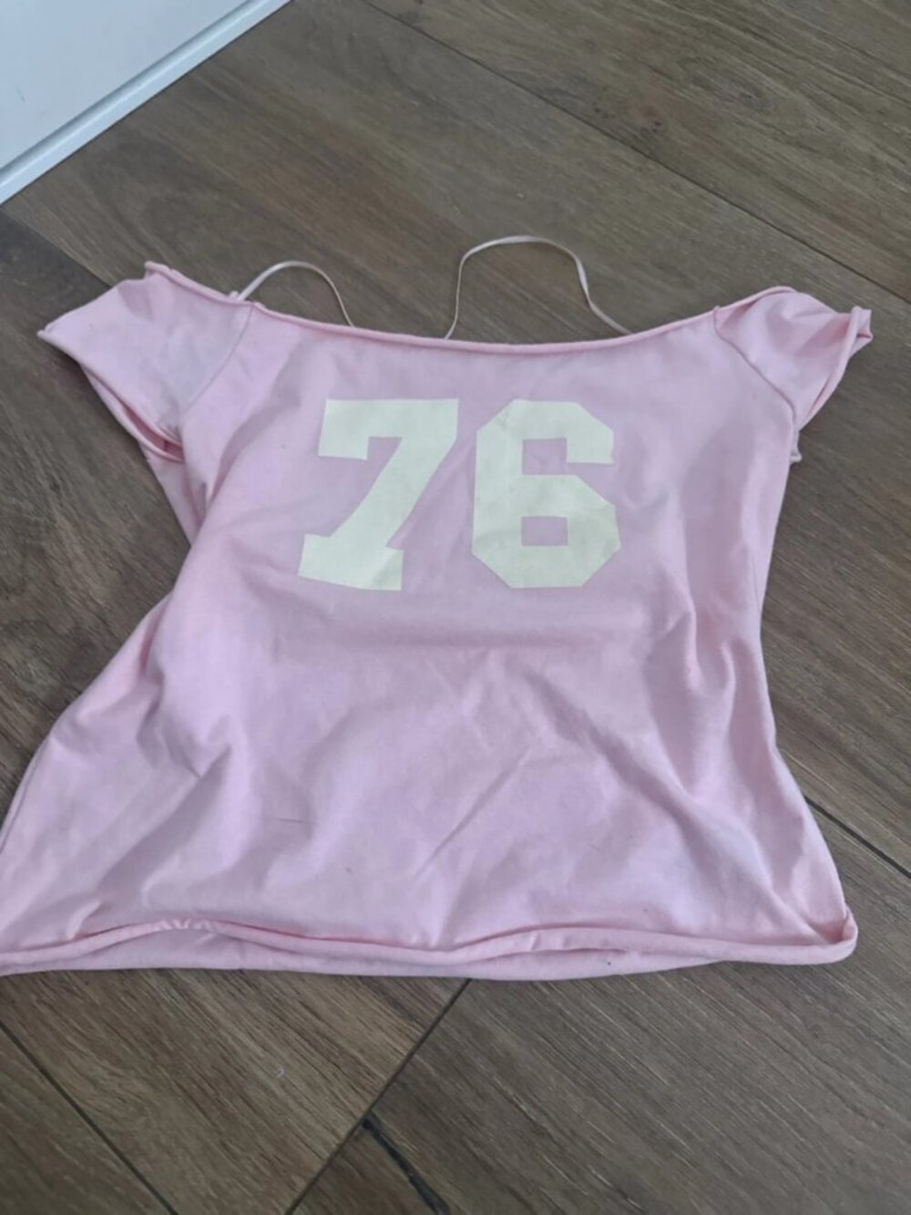 Pink Off Shoulder Fitted T Shirt 76 Graphic XS